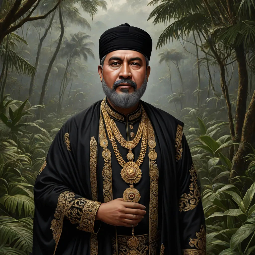 a painting of a man in a black outfit with gold accents and a beard in a jungle setting with trees, Emperor Huizong of Song, classical realism, a detailed matte painting, highly detailed digital painting