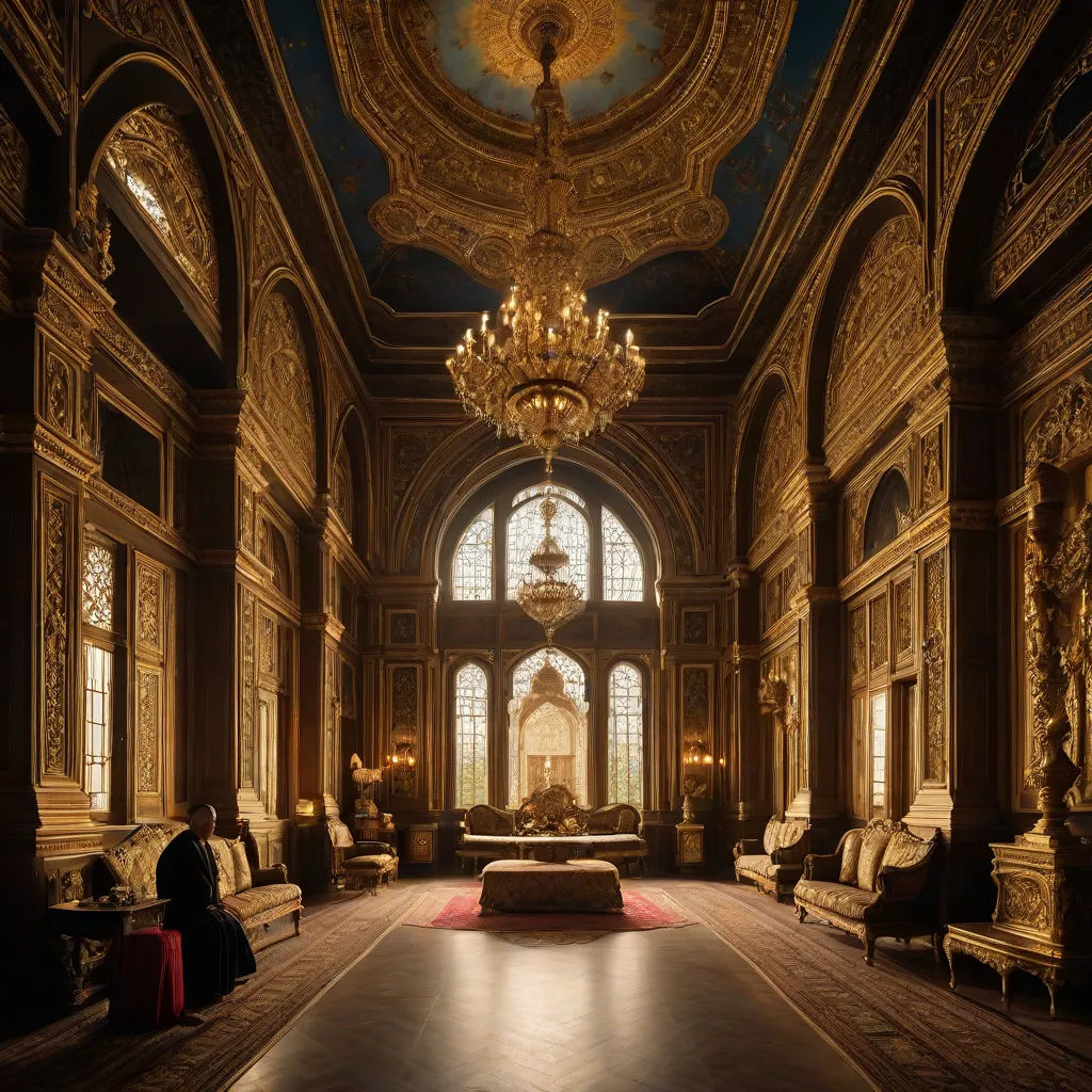 a large room with a chandelier and a couch in it and a chandelier hanging from the ceiling, Chris LaBrooy, neoclassicism, a detailed matte painting, cinematic photography