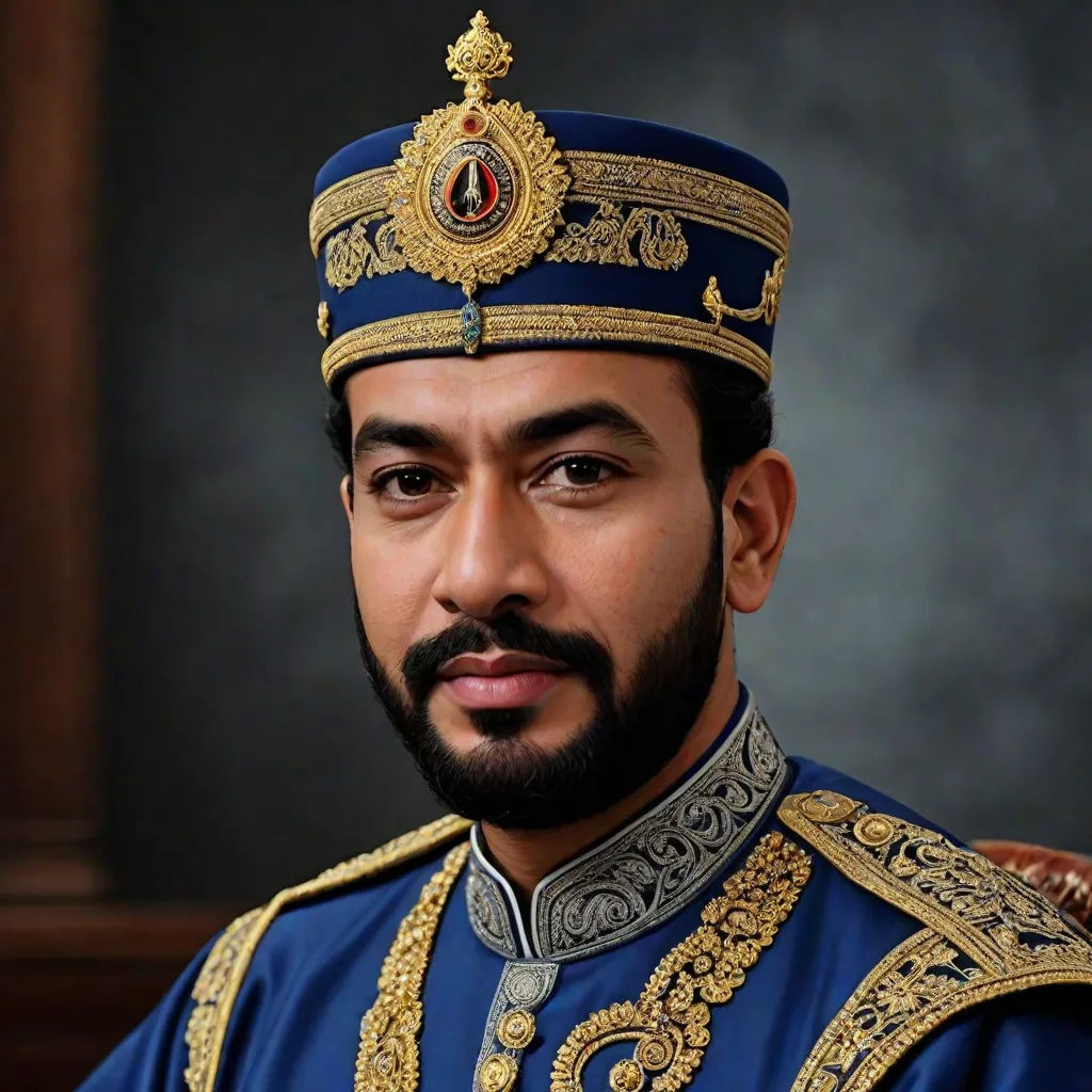 a man in a blue and gold outfit with a beard and a mustache wearing a crown and a gold and silver necklace, Altoon Sultan, hurufiyya, a character portrait, regal
