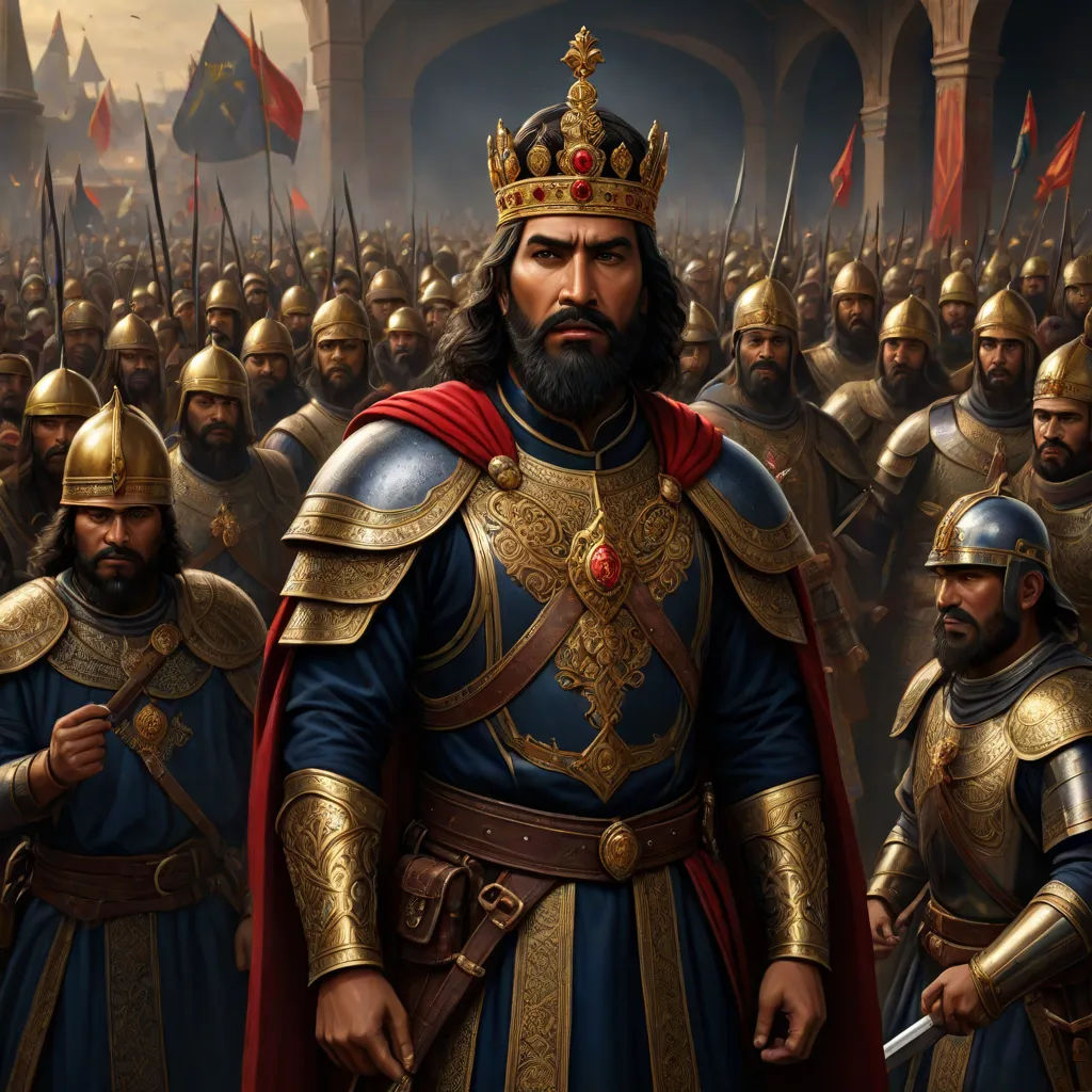 a group of men in armor standing next to each other in a field of people with flags and flags, Altoon Sultan, qajar art, a detailed painting, official art