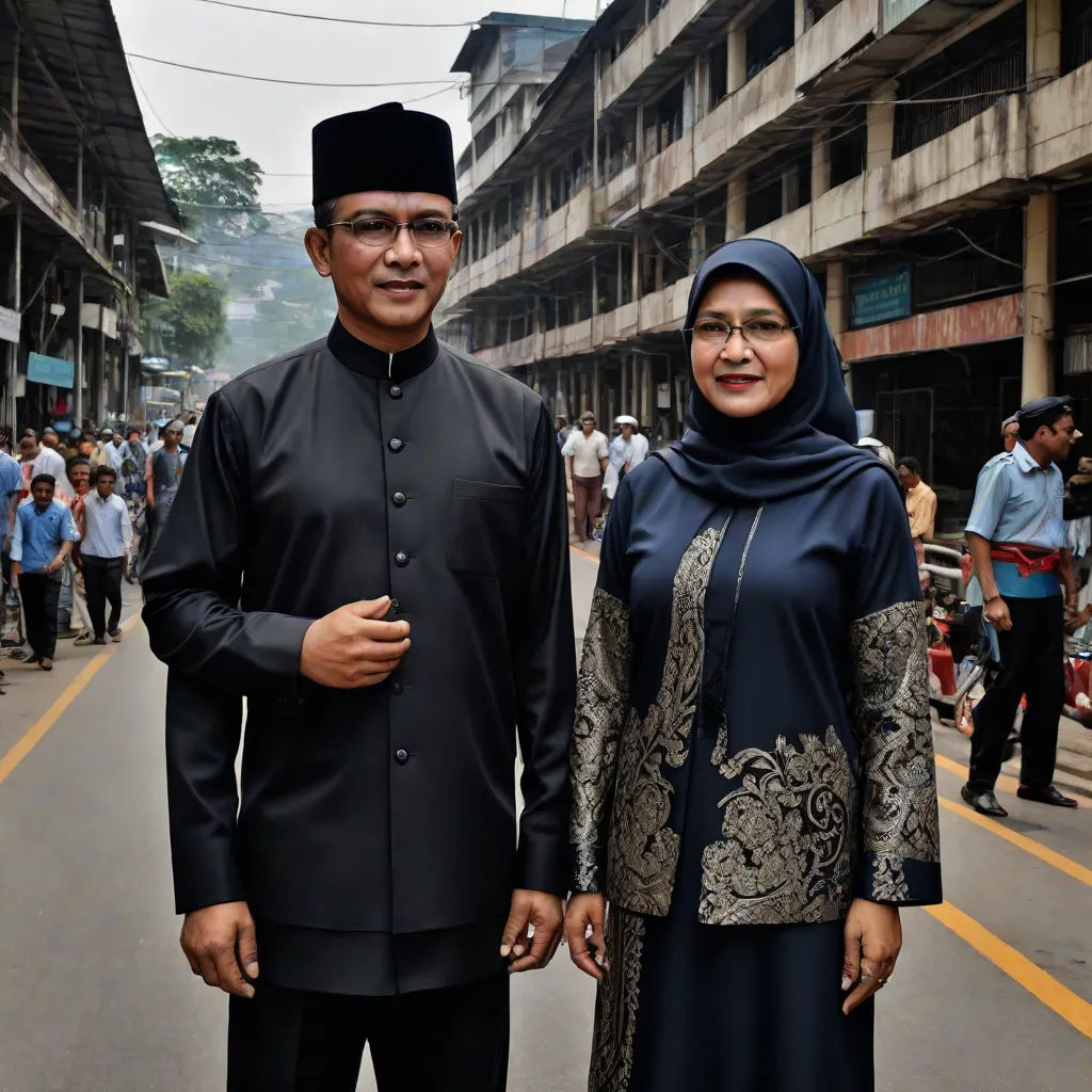 a man and a woman standing in the middle of a street in a city with people walking around them, Basuki Abdullah, sumatraism, a photocopy, vfx