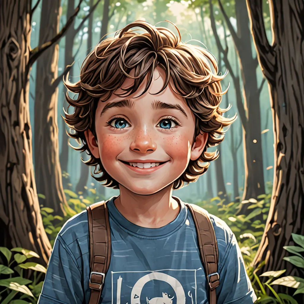 a boy with a backpack in a forest with trees and plants around him, smiling at the camera, with a forest background, photorealism, a detailed painting, Aaron Jasinski, highly detailed digital painting
