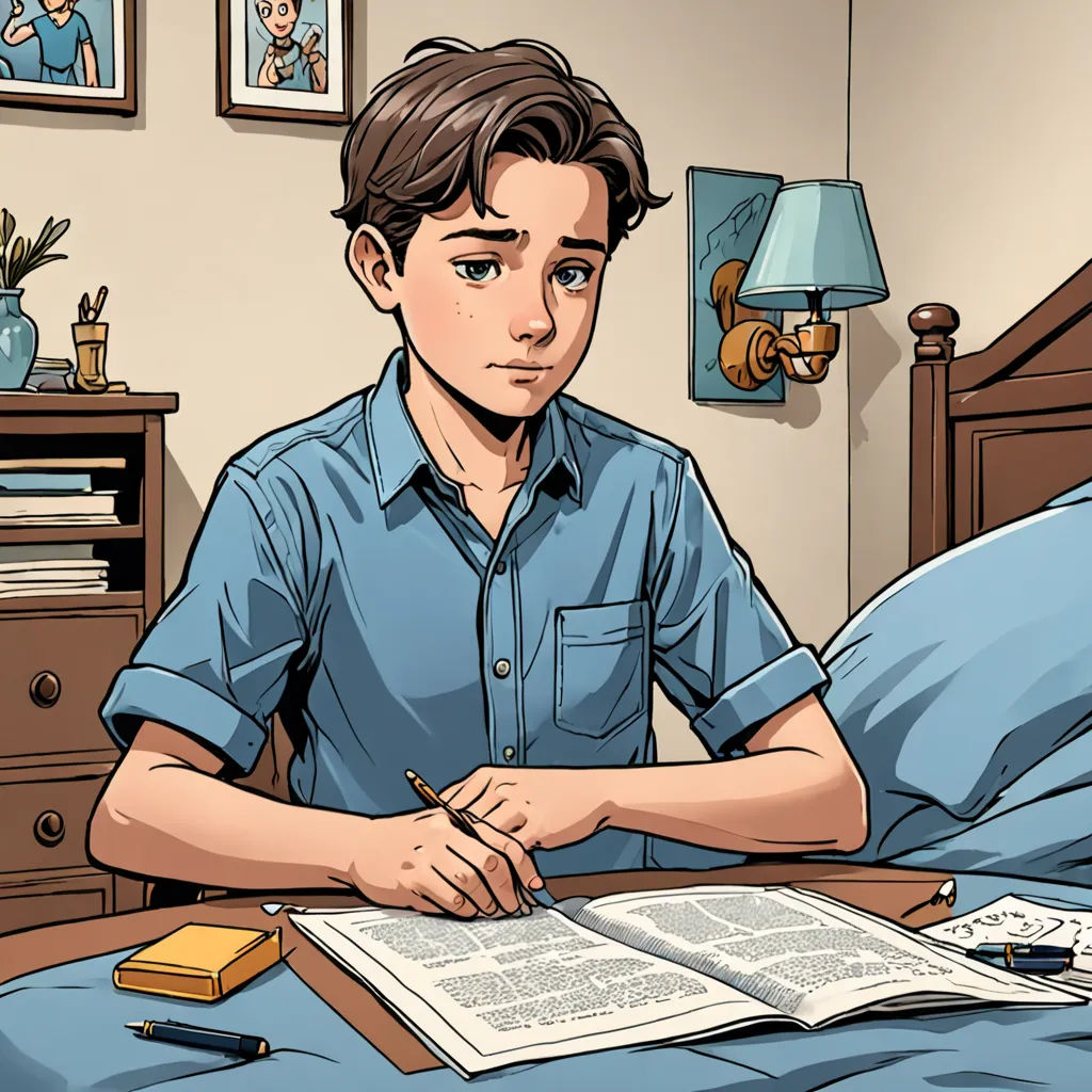 a man sitting at a table with a book and pen in his hand and a book open on the table, academic art, a comic book panel, Clark Voorhees, graphic novel