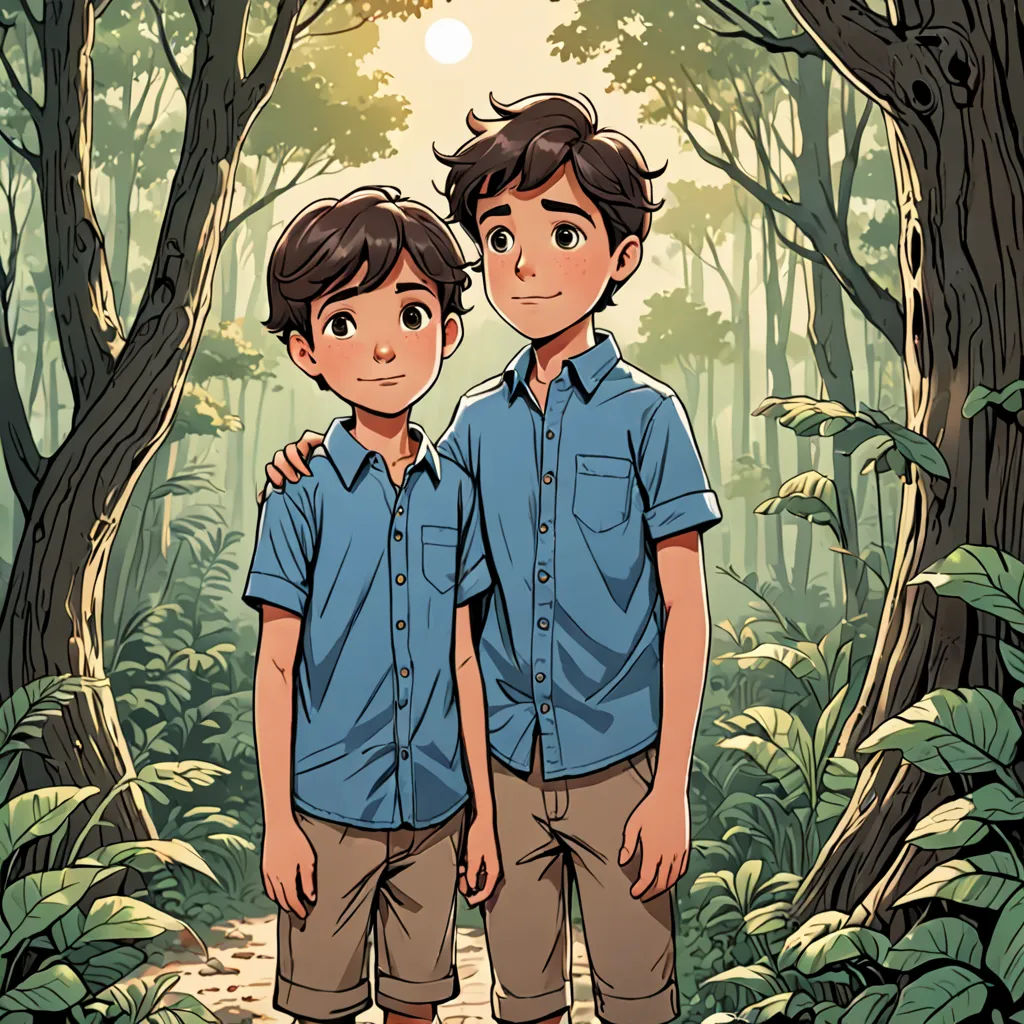 two boys standing in a forest with trees and plants around them, one boy is holding his arm around the other boy, private press, a storybook illustration, Diego Gisbert Llorens, book cover