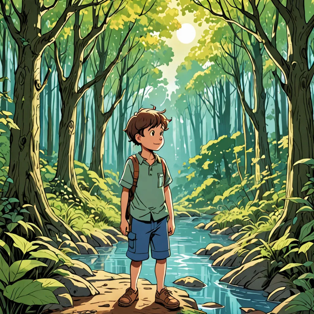 a boy standing in the middle of a forest looking at a stream of water in the distance with trees and rocks, environmental art, a storybook illustration, Diego Gisbert Llorens, promotional image