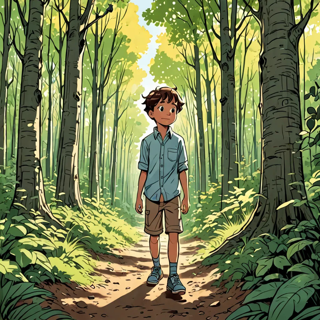 a boy walking down a path in the woods with trees on either side of him and a forest on the other side, plein air, a character portrait, Asaf Hanuka, color page