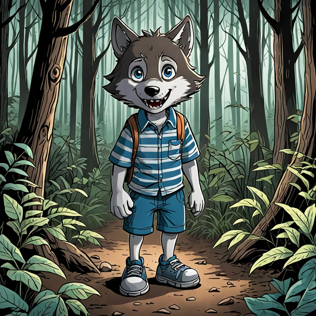 a cartoon wolf with a backpack standing in the woods with a forest background and a forest path with trees, furry art, a storybook illustration, Cedric Seaut (Keos Masons), comic cover art