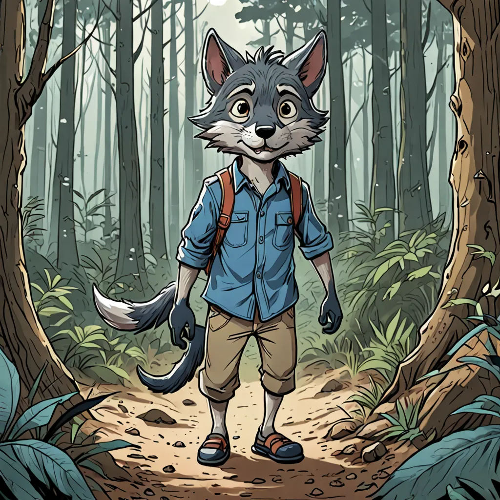 a cartoon wolf with a backpack walking through a forest with trees and leaves on the ground, with a forest background, furry art, a character portrait, Caspar Wolf, comic cover art