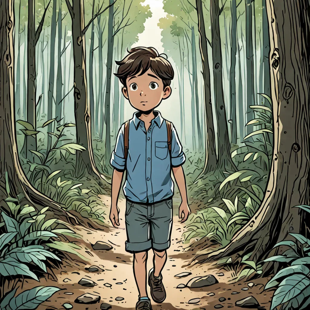 a boy walking through a forest with a backpack on his back and a trail in the background with trees, process art, a comic book panel, Asaf Hanuka, graphic novel