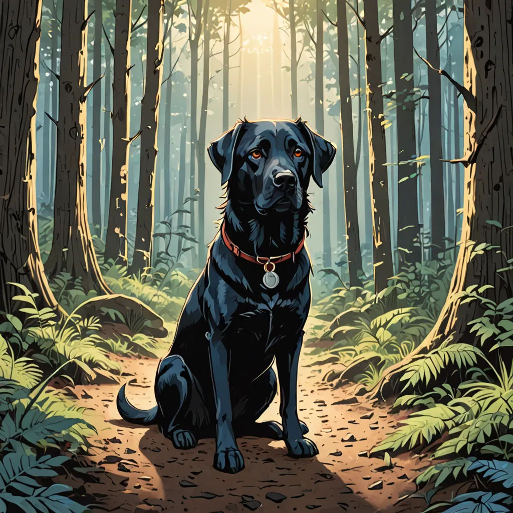 a black dog sitting in the middle of a forest with sun shining through the trees and leaves on the ground, furry art, a comic book panel, Dan Mumford, laurie greasley