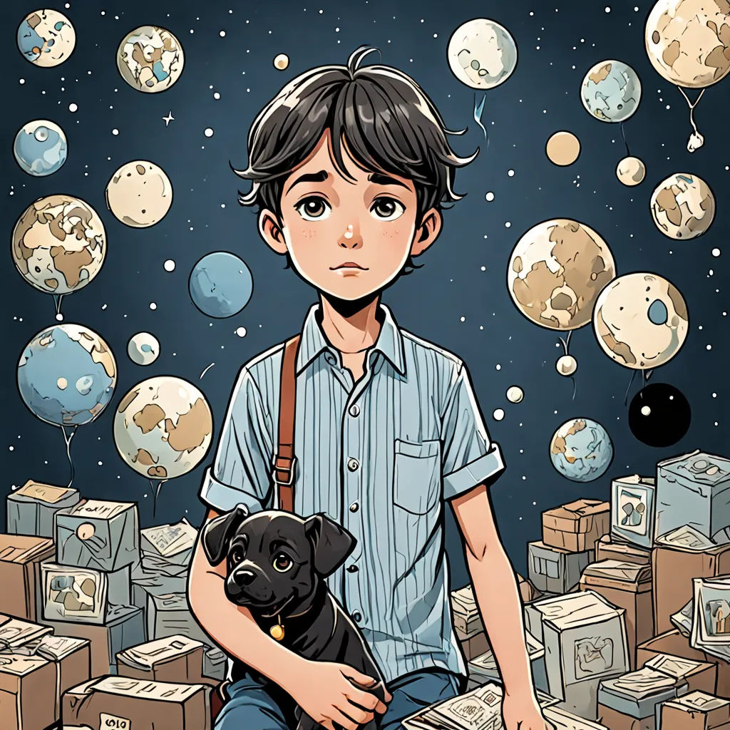 a boy sitting on a pile of boxes with a dog in his lap and a bunch of balloons floating around him, space art, a manga drawing, Diego Gisbert Llorens, yukito kishiro