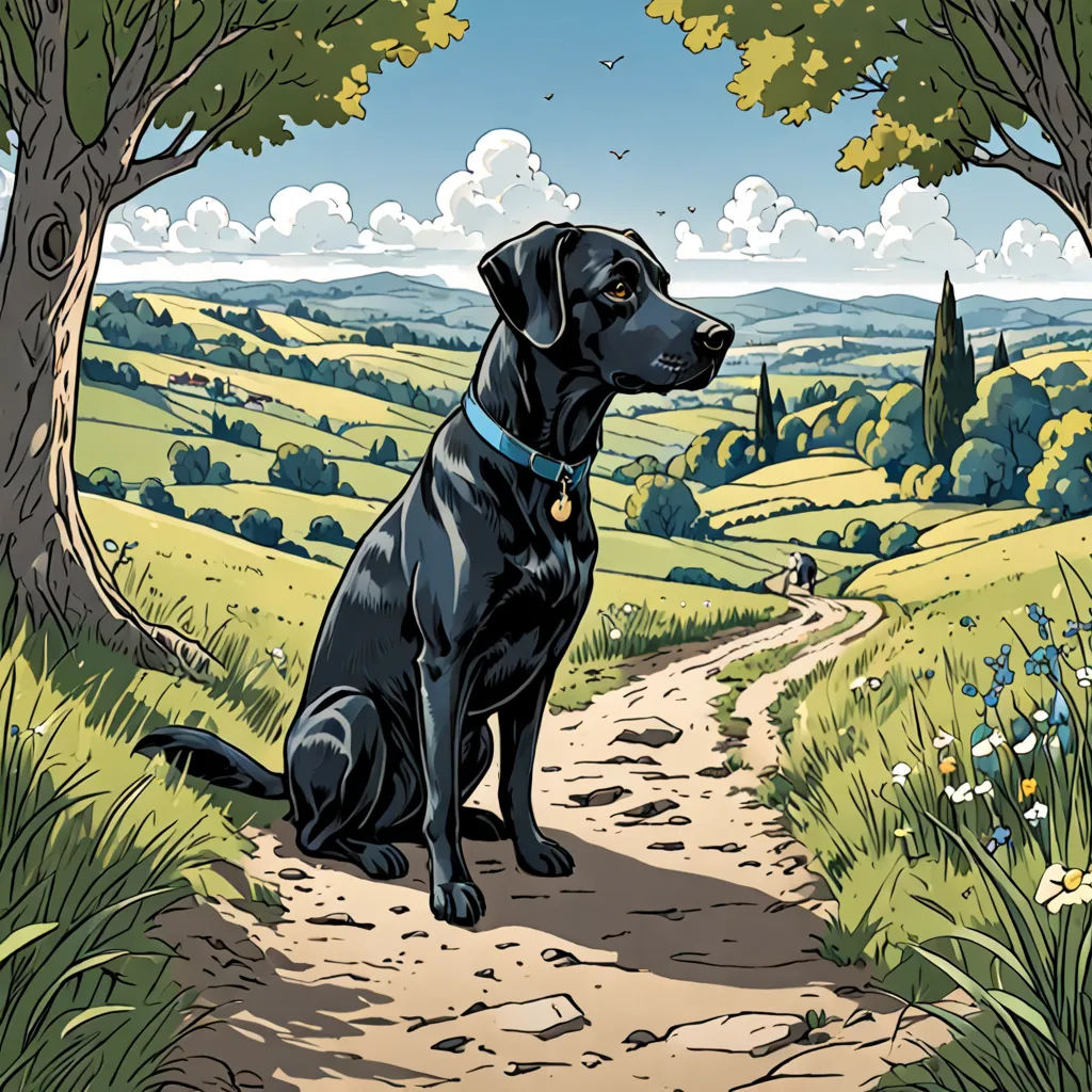 a black dog sitting on a dirt path in a field with trees and flowers in the background, with a blue sky and clouds, process art, a comic book panel, Asaf Hanuka, comic cover art