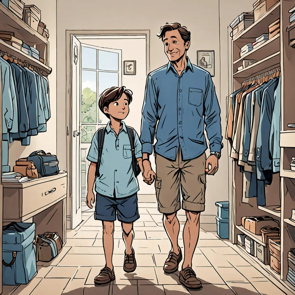 a man and a boy are walking through a closet holding hands and looking at each other with luggage on the floor, private press, a storybook illustration, Asaf Hanuka, graphic novel
