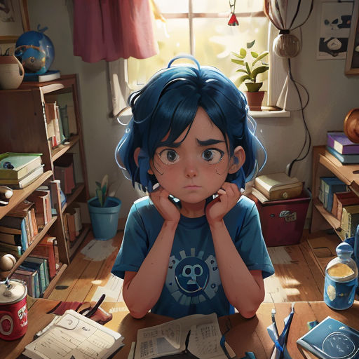 a young girl sitting at a desk with a book and pen in her hand and a book on her desk