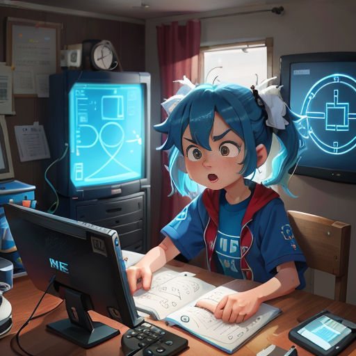 a girl sitting at a desk with a laptop and a book in front of her and a phone and a computer monitor