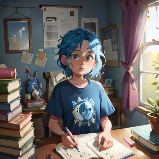 a girl with blue hair sitting at a desk with a book and a pen in her hand and a pile of books behind her