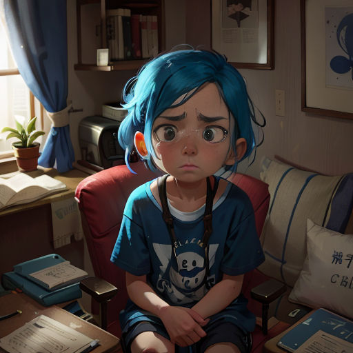 a young girl sitting in a chair with a blue hair and a blue shirt on, looking at the camera