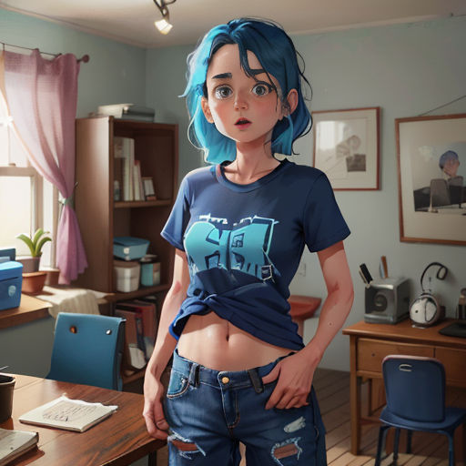 a cartoon girl with blue hair standing in a room with a desk and chair and a laptop on it