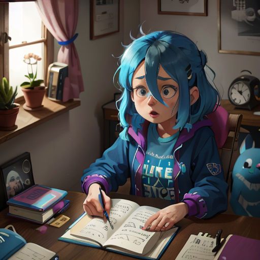 a girl sitting at a desk with a book and pen in her hand and a cat on the desk