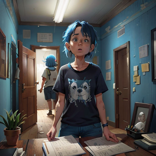 a woman standing in a hallway with a book on a table next to a man with a cat on his shirt