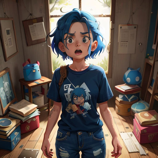 a woman with blue hair and a blue shirt standing in a room with books and toys on the floor