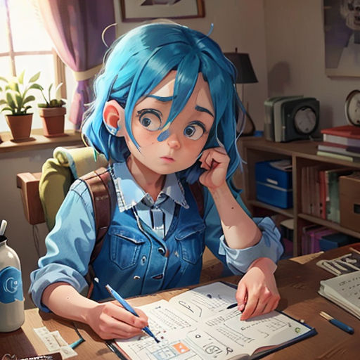 a girl with blue hair sitting at a desk with a book and pen in her hand and a book in front of her