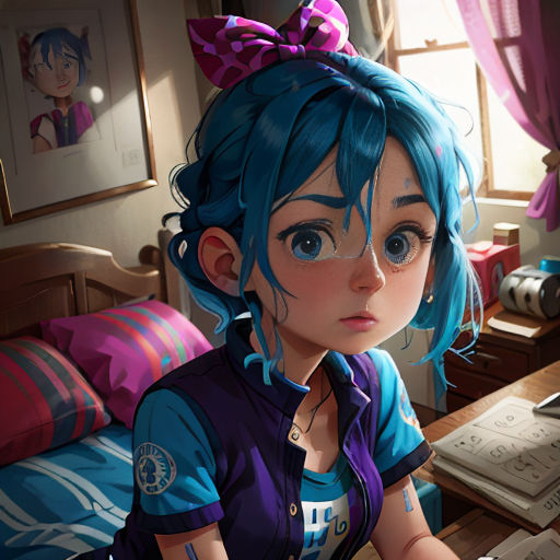 a girl with blue hair sitting at a desk in a bedroom with a computer and a book on it