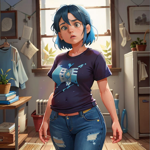 a woman with blue hair and a blue shirt in a room with a window and a plant in the corner