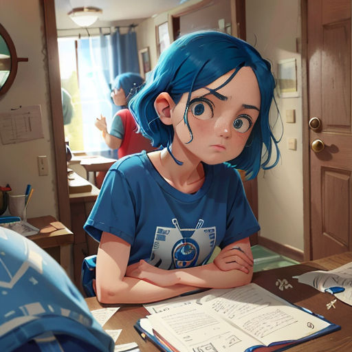 a girl with blue hair sitting at a table with a book and a clock on it's wall