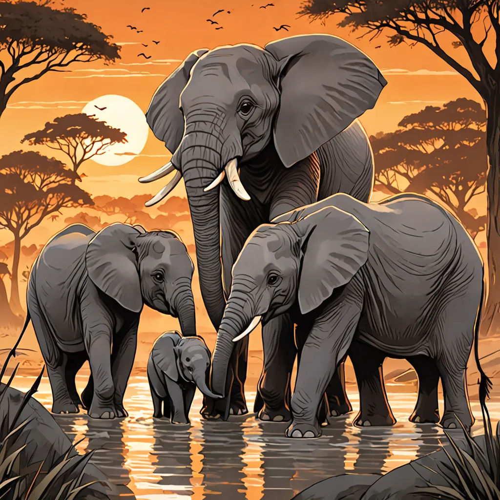a family of elephants standing in a body of water at sunset with trees and birds in the background and a full moon in the sky, sumatraism, a storybook illustration, Dan Mumford, detailed illustration