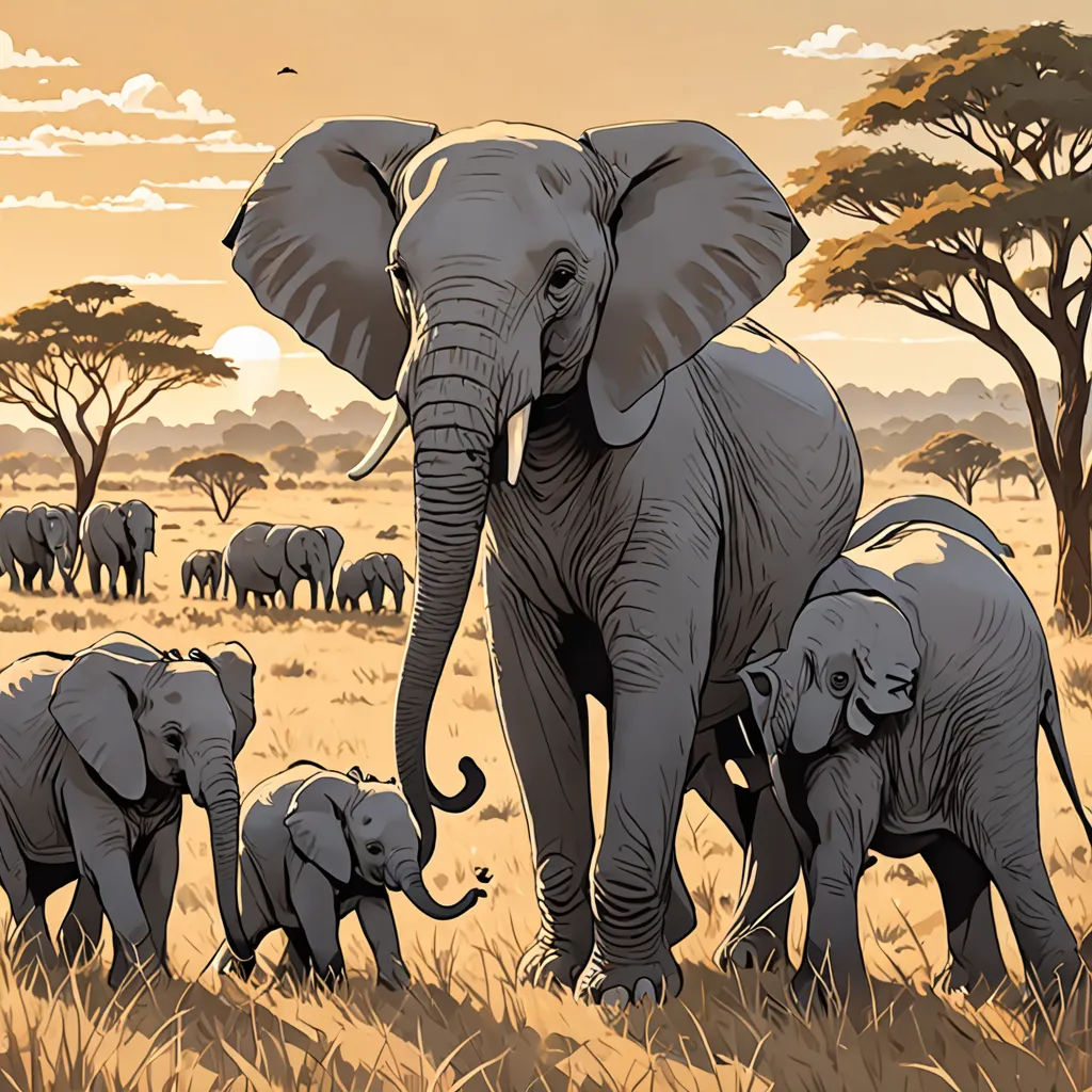 a herd of elephants walking across a dry grass field next to trees and a bird flying in the sky, fantastic realism, a storybook illustration, Amédée Ozenfant, laurie greasley