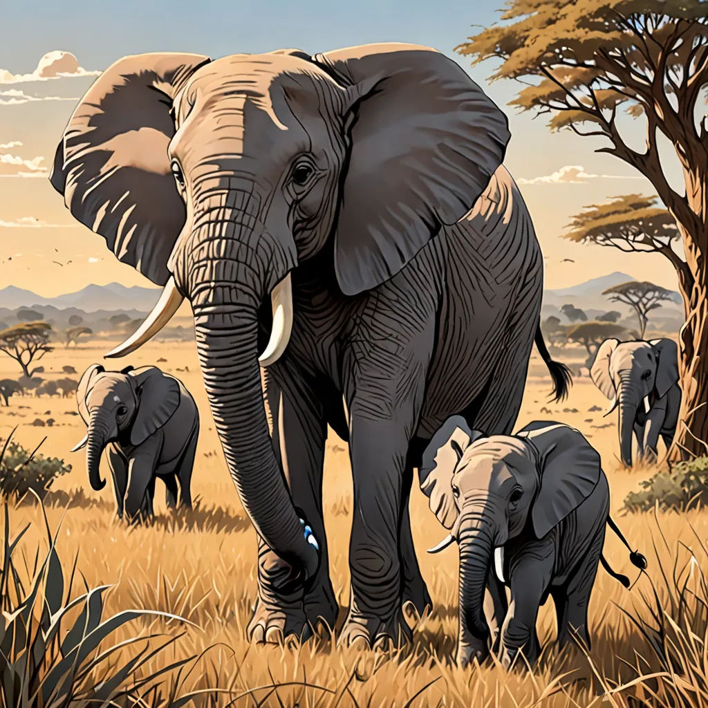 a painting of a family of elephants in the wild with trees in the background and a sky with clouds, fantastic realism, an airbrush painting, Chris LaBrooy, highly detailed digital painting