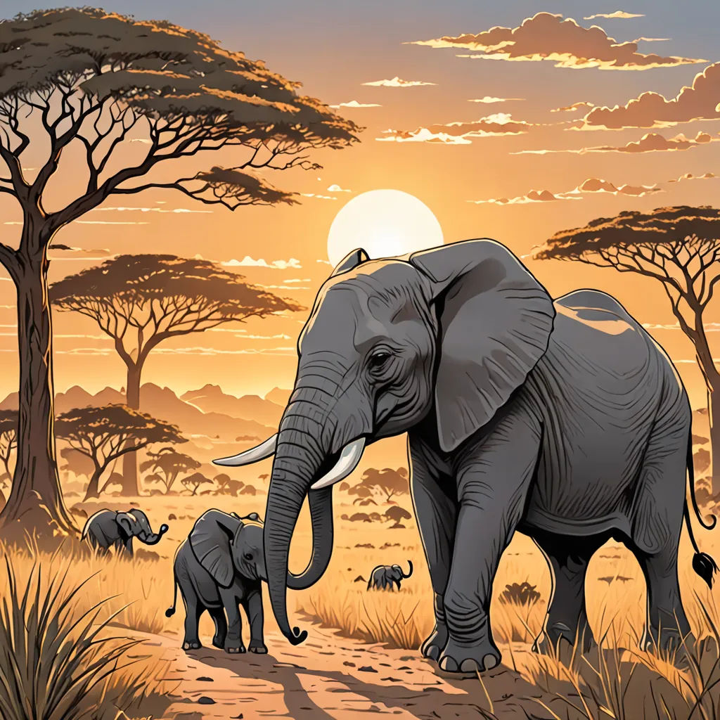 a family of elephants walking through a field at sunset with trees in the background and a sun setting behind them, naturalism, a storybook illustration, Dan Mumford, detailed illustration