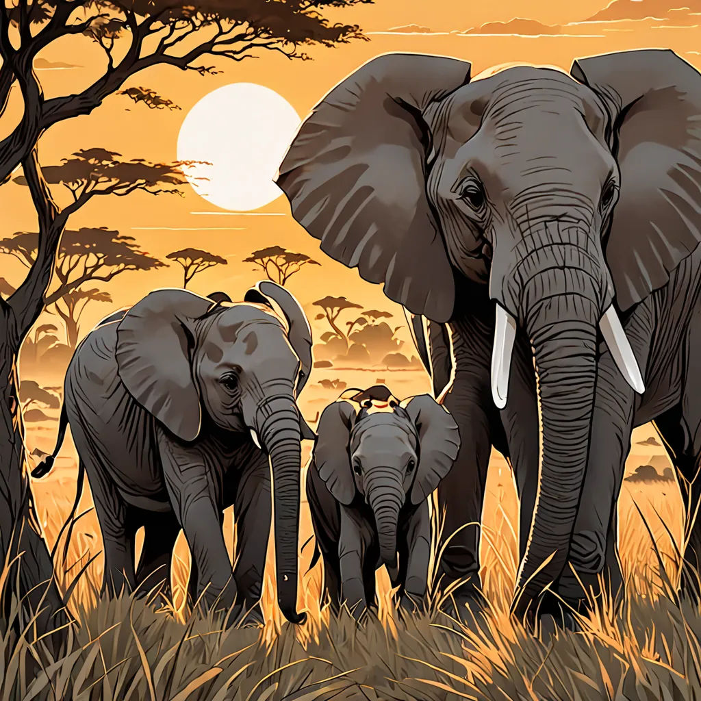 a family of elephants walking through a field at sunset with trees in the background and a sun setting behind them, sumatraism, a storybook illustration, Dan Mumford, detailed illustration