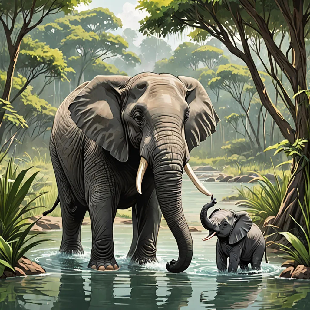 a painting of an elephant and its baby in a river with trees and bushes around it, with a baby elephant in the water, fantastic realism, a storybook illustration, Chris LaBrooy, highly detailed digital painting