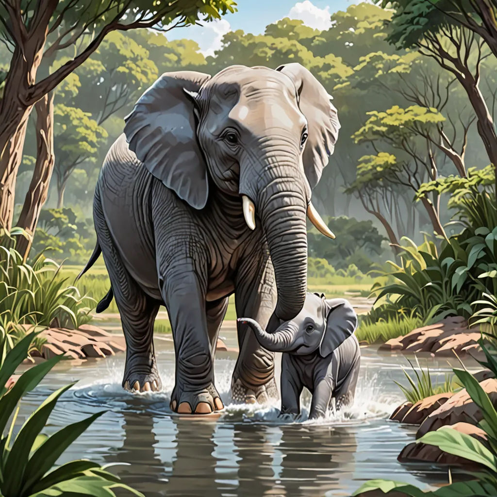 a painting of an elephant and its baby in a river with trees and rocks in the background and a blue sky, fantastic realism, a storybook illustration, Brothers Hildebrandt, highly detailed digital painting