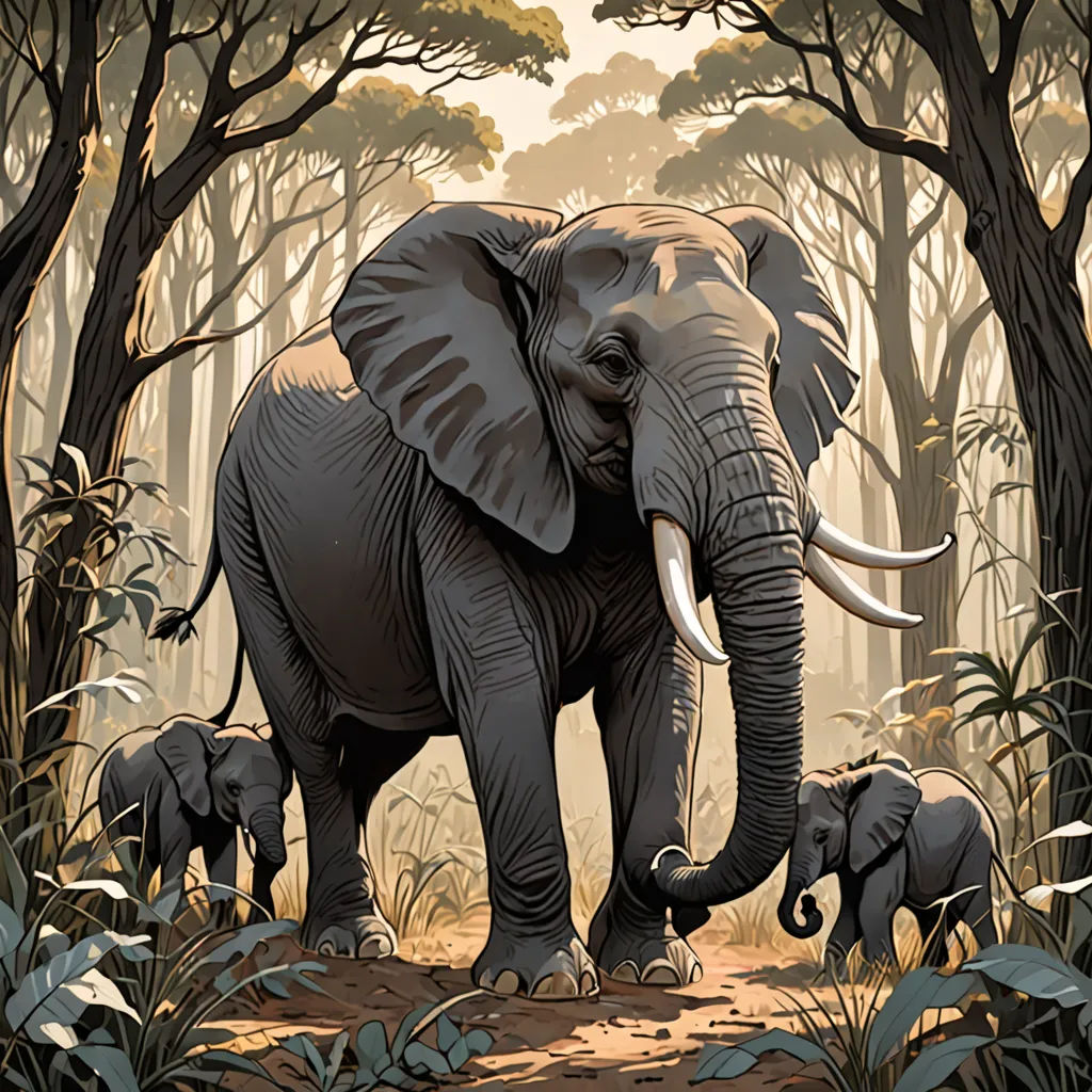 a painting of an elephant with two baby elephants in the background of a forest with trees and bushes, and a path leading to the elephant, sumatraism, a storybook illustration, Dan Mumford, highly detailed digital painting