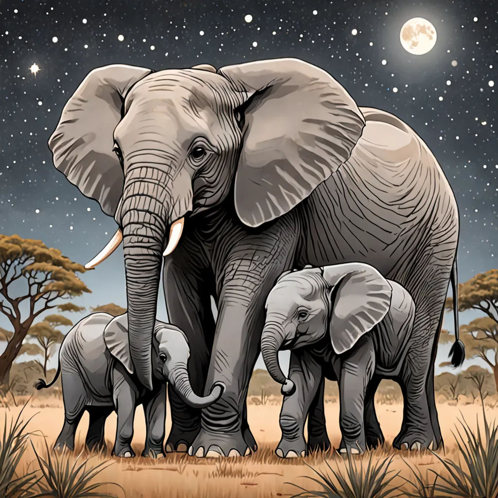 a family of elephants standing in the grass under a full moon sky with stars and trees in the background, naturalism, a storybook illustration, Chris LaBrooy, detailed illustration