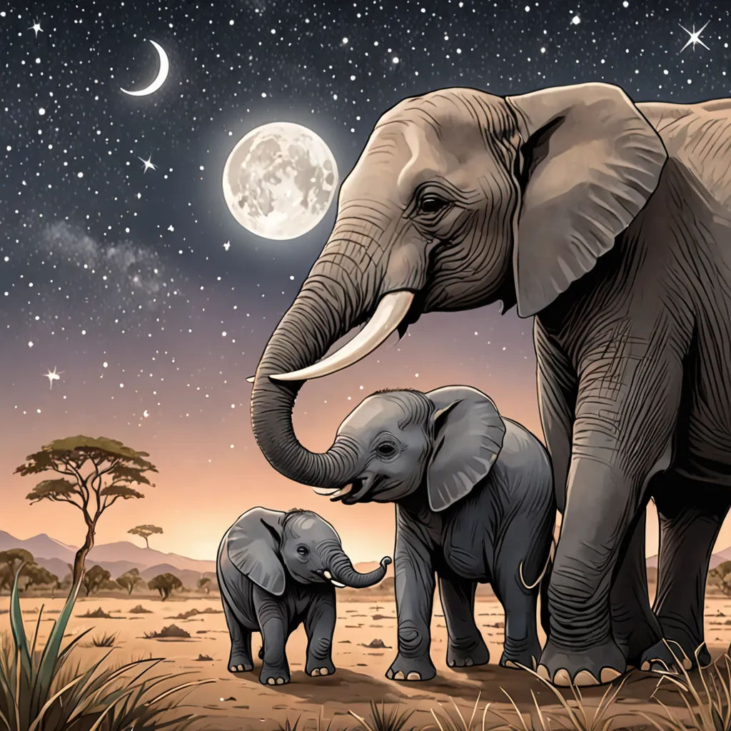 a couple of elephants standing on top of a field under a moon filled sky with stars and a full moon, magical realism, a storybook illustration, Chris LaBrooy, detailed illustration