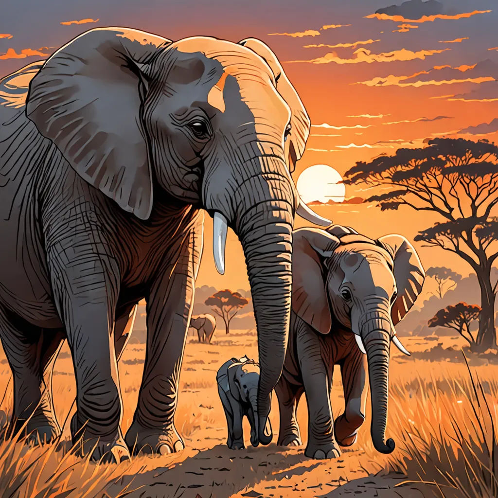 a couple of elephants walking across a field at sunset with a baby elephant in the foreground and an adult elephant in the background, fantastic realism, a storybook illustration, Dan Mumford, detailed illustration
