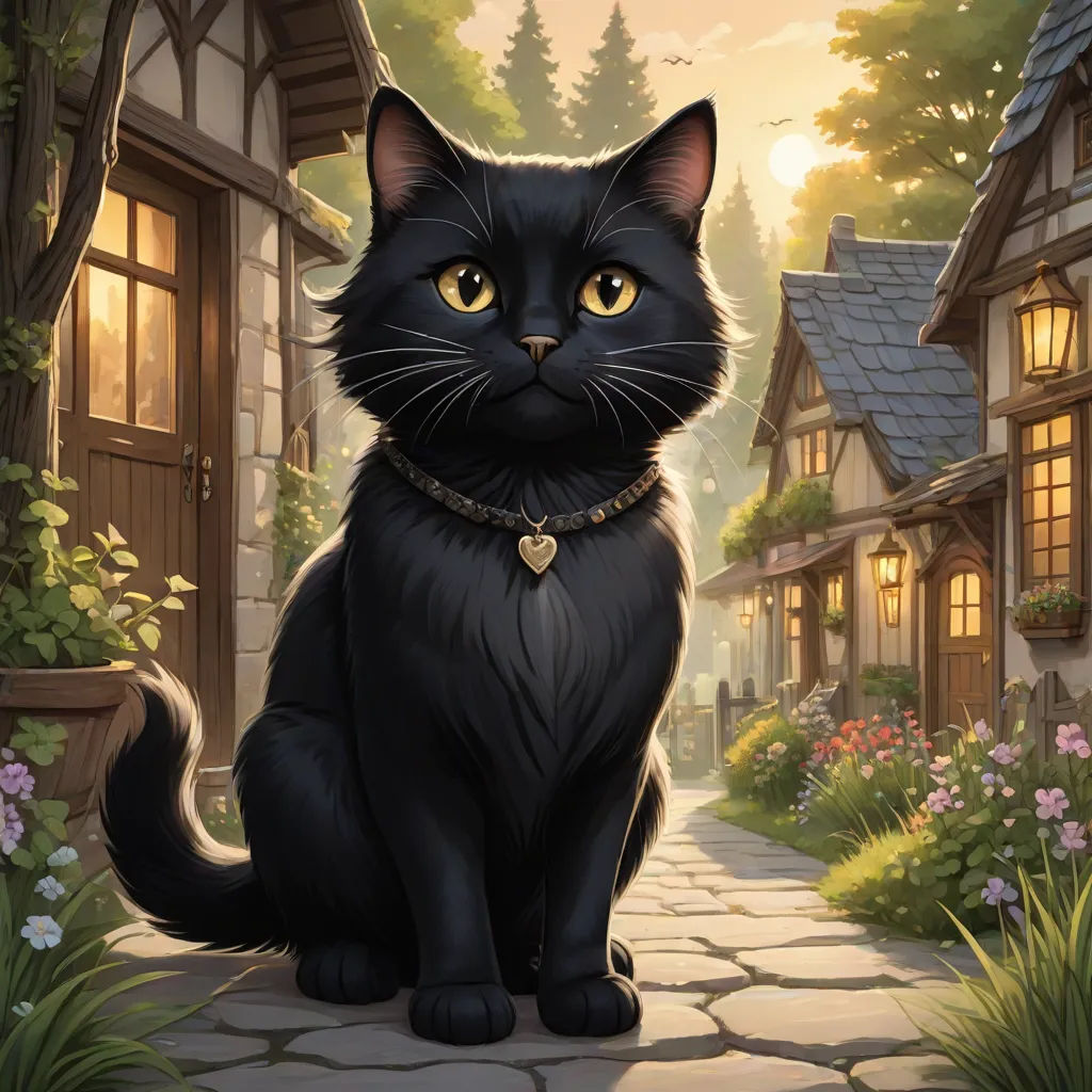 a black cat sitting on a stone path in front of a house with a heart shaped necklace on it's collar, fantasy art, a storybook illustration, Chris Rallis, official art