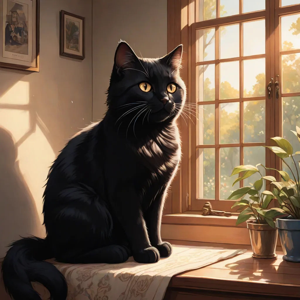 a black cat sitting on a window sill next to a potted plant and a window sill, furry art, a storybook illustration, Art of Brom, magic the gathering artwork