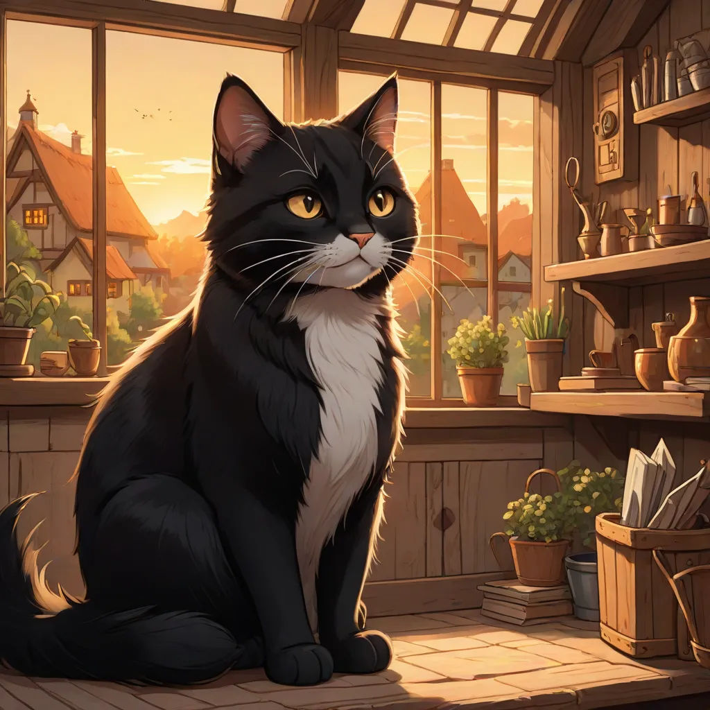 a black and white cat sitting on a wooden floor in front of a window with potted plants and a potted plant, furry art, a storybook illustration, Art of Brom, official art