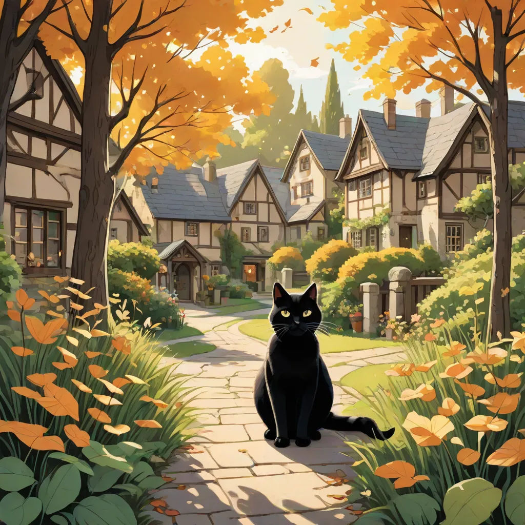 a black cat sitting on a path in a garden with trees and flowers in front of a house with a yellow sky, fantasy art, a storybook illustration, Cliff Childs, official art