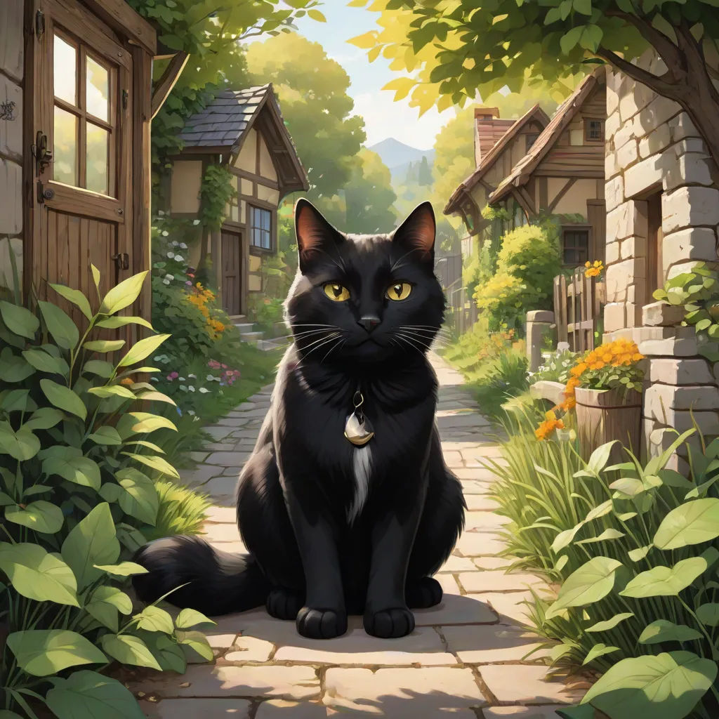 a black cat sitting on a stone path in a garden with a house and trees in the background and a yellow eyed cat on the right, fantasy art, a storybook illustration, Chris LaBrooy, official art