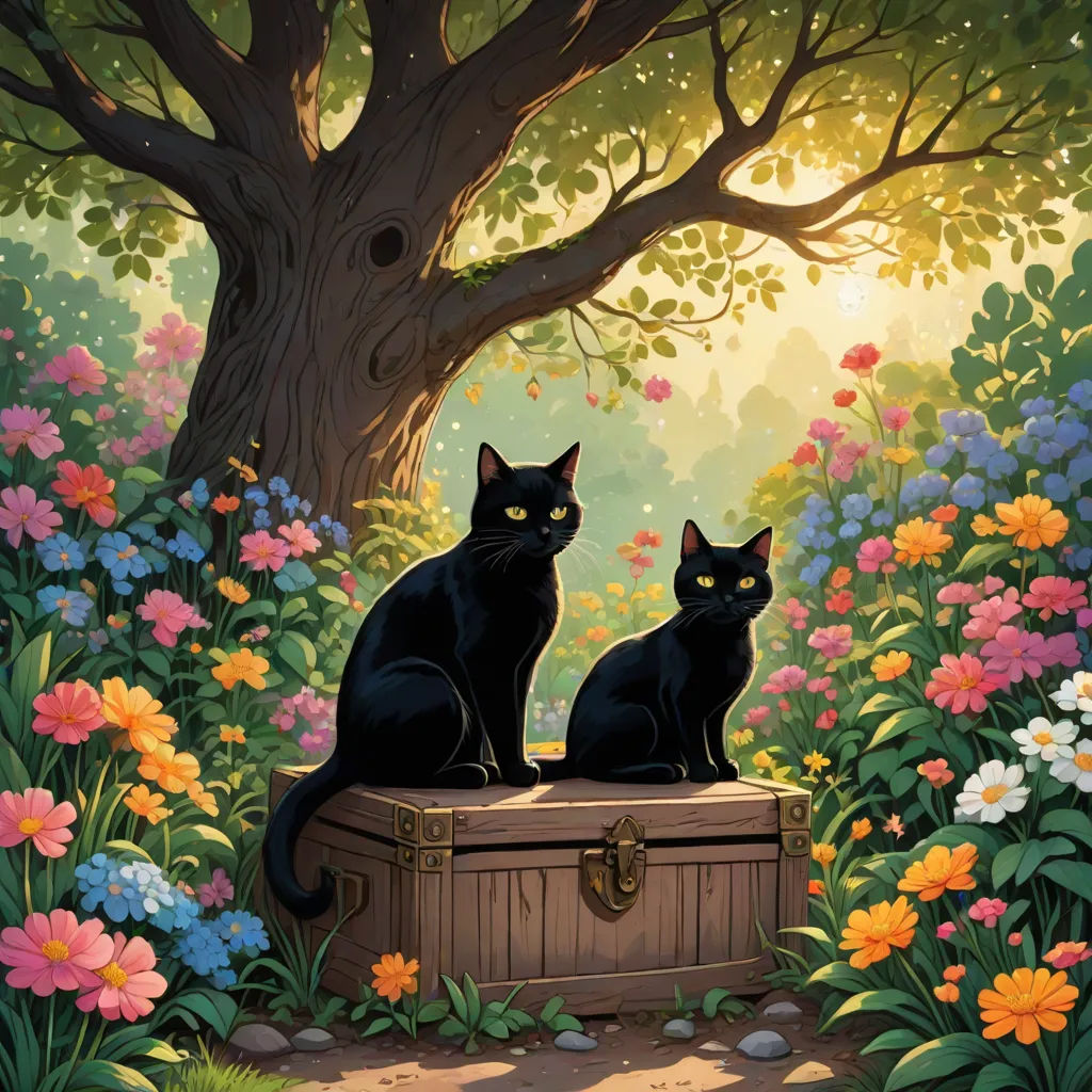 two black cats sitting on a trunk in a garden of flowers and trees, with a tree in the background, gothic art, a storybook illustration, Brothers Hildebrandt, official art
