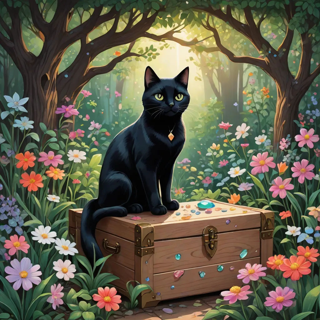 a black cat sitting on top of a trunk in a forest filled with flowers and trees with a forest background, fantasy art, a storybook illustration, Drew Struzan, official art