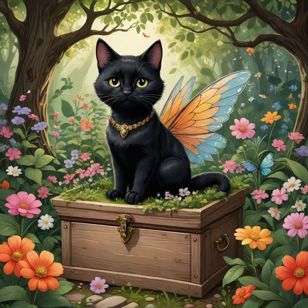 a black cat sitting on top of a chest in a forest filled with flowers and trees with a butterfly on its chest, fantasy art, a storybook illustration, Anne Stokes, fantasy artwork