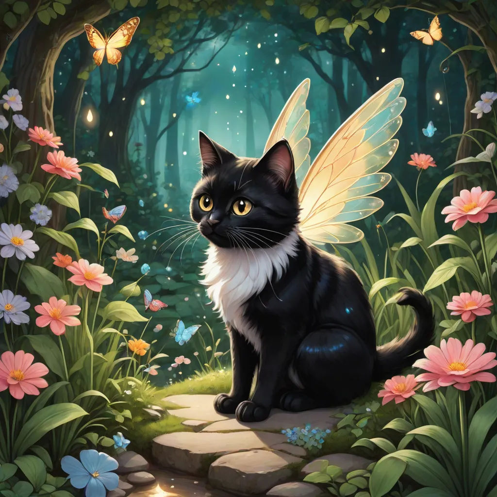 a black cat sitting on a rock in a forest with flowers and butterflies around it, with a fairy light shining on its wings, fantasy art, a storybook illustration, Drew Struzan, official art
