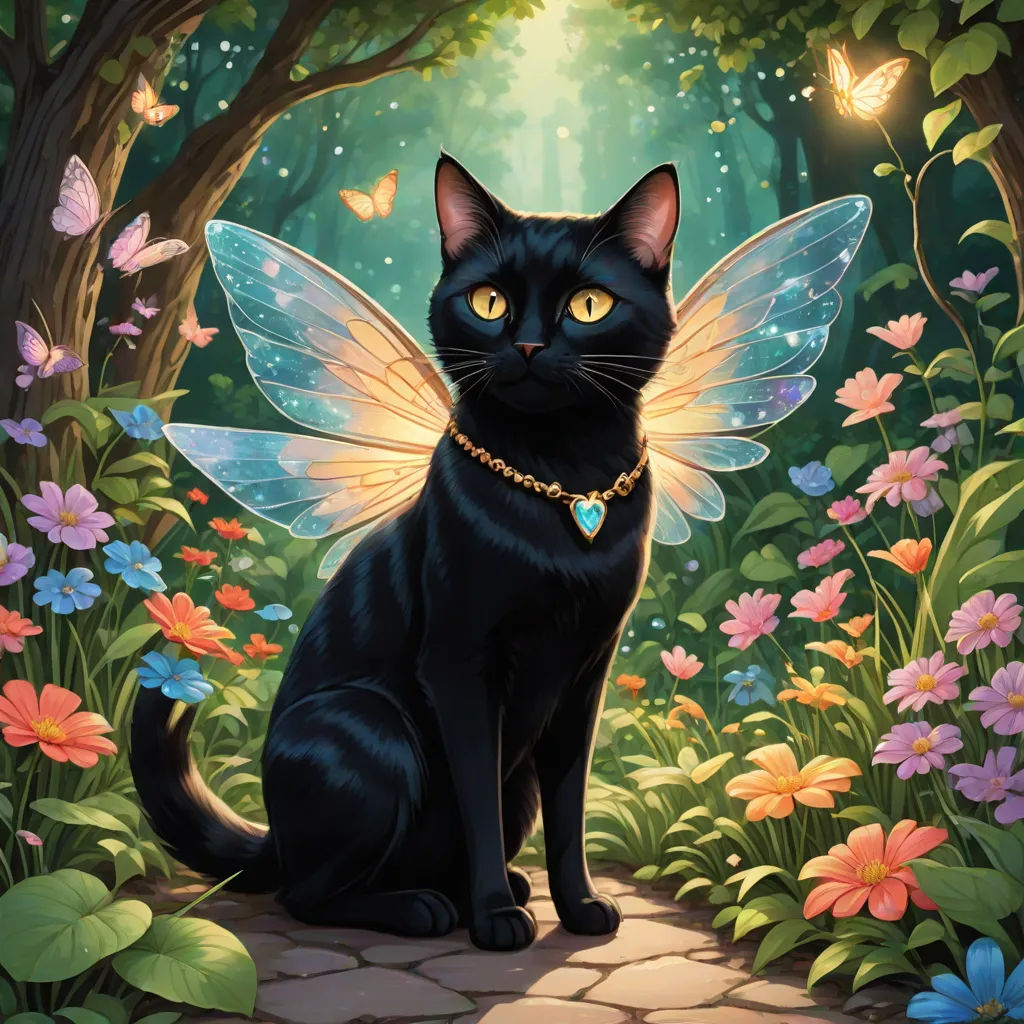a black cat sitting in a forest with a butterfly on its back and a butterfly on its chest, with a butterfly on its chest, fantasy art, a storybook illustration, Chris Rallis, official art
